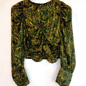 Zara Women's ruched in the front long sleeve Paisley Blouse size M Green & Gold